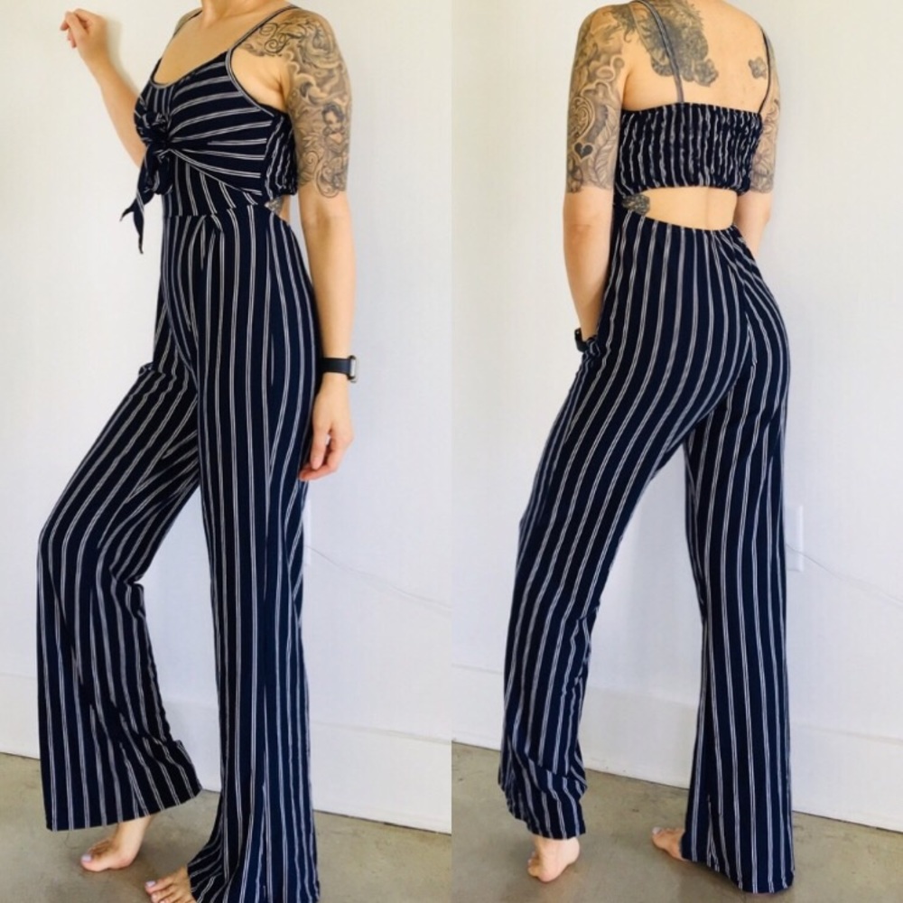 JUMPSUIT Navy Wide Leg Striped Open Back Tie Bow